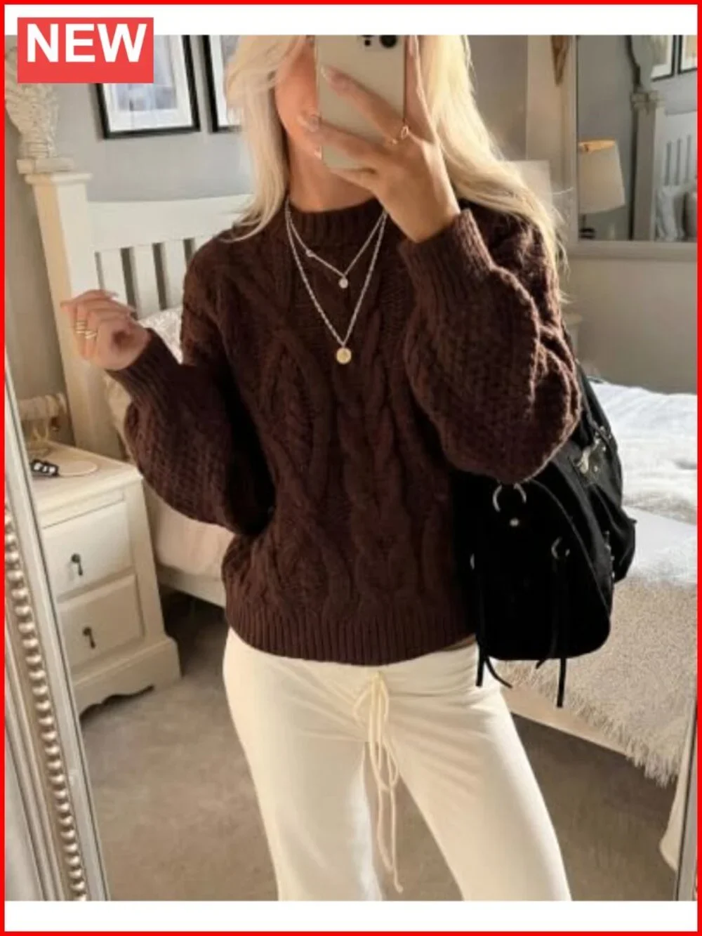Womens Oversized Cable Knit Sweater Crew Neck Puff Sleeve Pullover